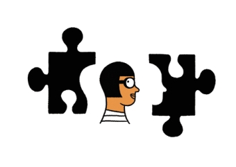 An illustration of a profile of a head with puzzle pieces to either side of it