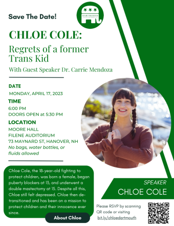 College Republicans poster advertising their event. Chloe Cole, the main speaker, is pictured. Time, date, and location are listed, as well as a brief bio for Cole.