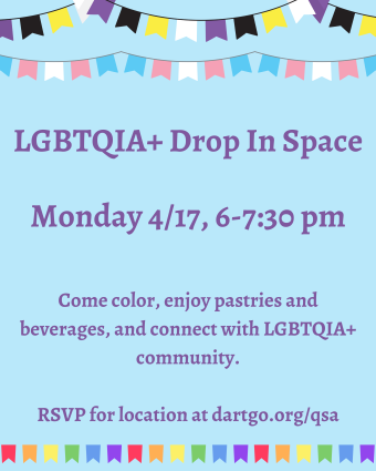 Event poster advertising an LGBTQIA+ drop-in space with refreshments and activities. Non-binarer and trans pride banners line the top of the poster, and rainbow banners line the bottom, with the OPAL logo in the center.