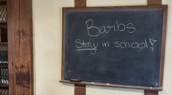 A blackboard with a quote from Nicki Minaj written in chalk. It reads "Barbs stay in school!"