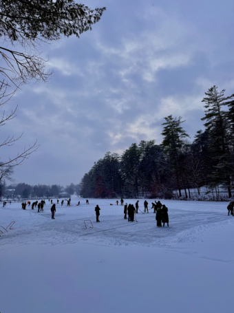 frozen pond with people skating